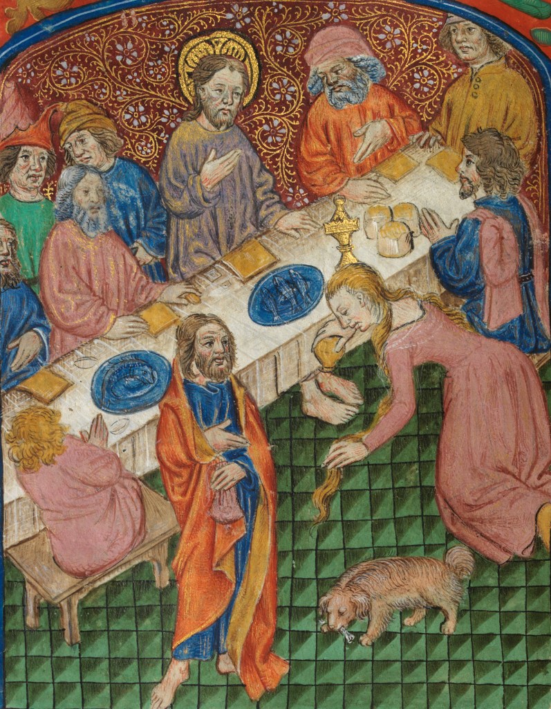 painting of a dinner illustrating Mary of Bethany washing Christ's feet. "Mary Magdalen anointing Christ’s feet," Artist Unknown, National Library of Wales / Wikipedia