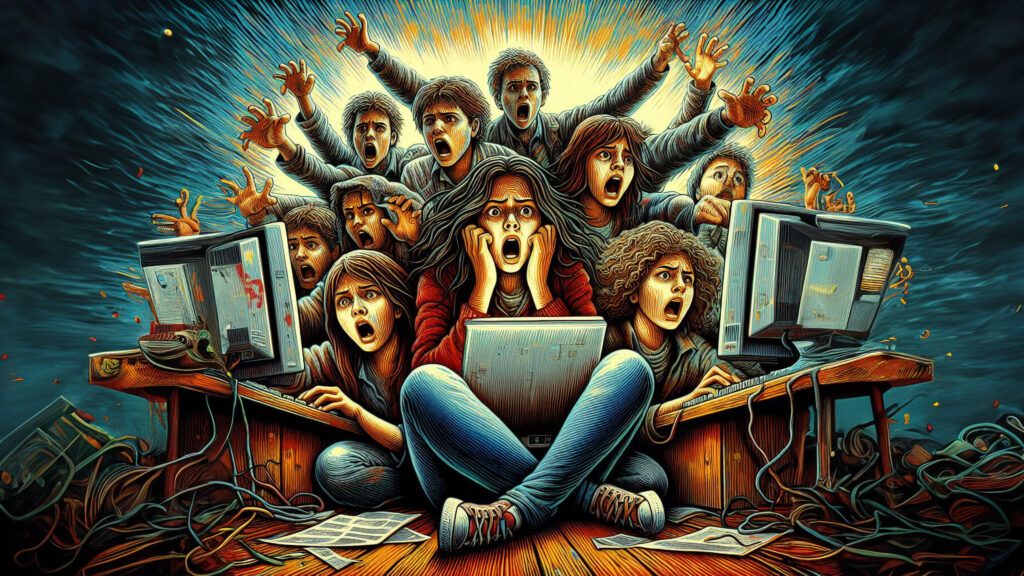 Imagining the inside of a learning management system, this Edvard Munch-like illustration depicts students screaming at computer consoles.