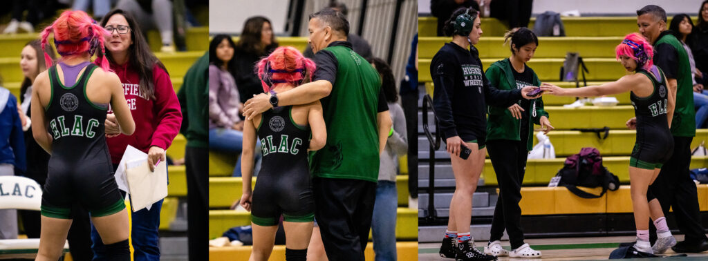 Series of three images. First image Mollie Jimenez shakes hands with Bakersfield College women's wrestling coach Andrea Prise. In the second image East Los Angeles College women's wrestling coach Angel Solis puts his arm around Jimenez after she has won her bout with Amber Chatterton from Baksrsfield College. In the third image 160-pound weight class wrestler Galilea Garcia-Salazar hands a cell phone to 109-pound weight class wrestler Mollie Jimenez. 