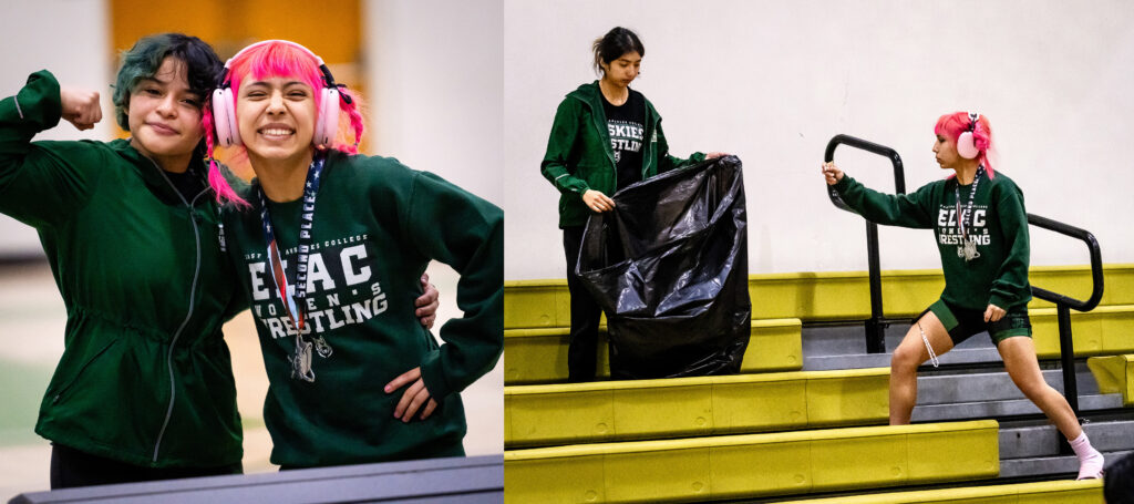 Series of two images. In the first image two wrestlers pose after rolling up the large wrestling mat. In the second image two wrestlers collect trash from the bleachers after the tournament has concluded. 